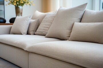 Fototapeta na wymiar Close up details of beige sofa with cushions in the contemporary living room interior