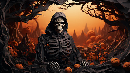 polygonal style halloween poster skeleton zombie monster background with copy space.