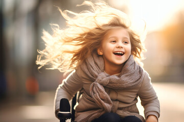 A young girl in a wheelchair with her hair blowing in the wind. A person with disabilities. The joy of life. Community support. - obrazy, fototapety, plakaty