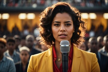 Portrait of woman confidently speaking into a microphone in front of a crowd