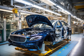 Naklejka premium Automated assembly line for robot manipulators for the production of high-tech electric vehicles running on clean energy. 