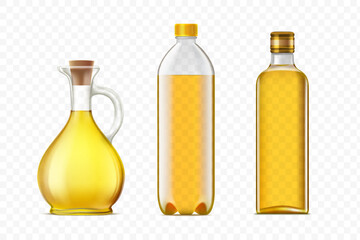 Collection of bottles and jug with cooking oil. Packaging templates with olive, sunflower or rapeseed oil isolated on a transparent background. Stock vector illustration.