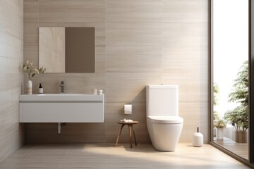 Ceramic white toilet bowl in the modern stylish bathroom interior. Home design ideas - obrazy, fototapety, plakaty