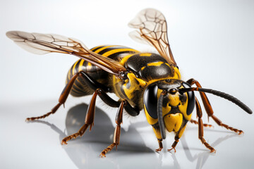 Asian hornet, also known as the yellow-legged hornet (Vespa velutina) on white.