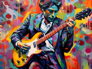 Digital painting of a young man playing the electric guitar on a colorful background.