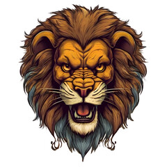 Obraz premium logo of the head of a lion, drawing with elegant ink lines in cartoon style with yellow and orange colors- symbol for an epic brand label. Ai