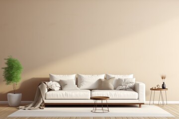 Beige sofa in the contemporary living room minimalist interior in neutral colors