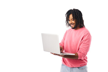 a young man with braided hair holding a computer in his hand isolated on a white background