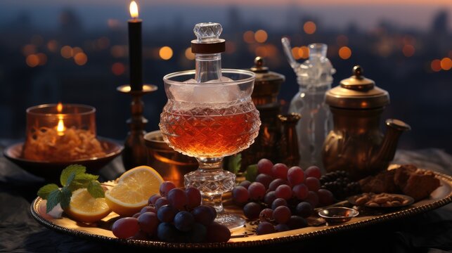 Shisha pipe, hookah with a glass flask, a metal bowl, and shisha producing colored, Eastern tea ceremony.