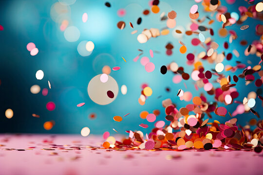 Frame made of colored confetti. Pink and blue party background.