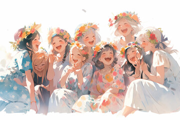 illustration of a group young women singing, sitting and have fun together on white