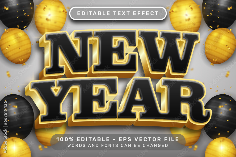 Poster happy new year 3d text effect and editable text effect whit ribbon bows and balloons illustration