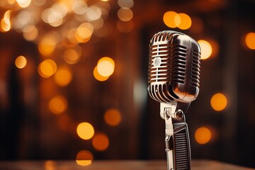 a close-up of a vintage luxurious microphone on a stand in a singing performance club, fairy lights and bokeh in the background. Jazz music cozy atmosphere - obrazy, fototapety, plakaty