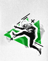 Dynamic image of man, American football player in motion with ball during match. Creative design. Paper texture style