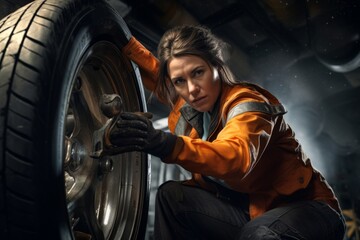 a woman wielding a high-powered pneumatic wrench. AI generative.