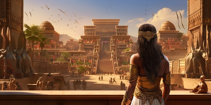 A confident Cleopatra overseeing the construction of a new temple, her image framed by massive sandstone blocks and hieroglyphics telling tales of her reign