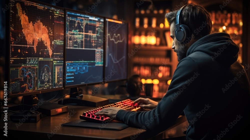 Aufkleber Crypto trader analyzing real-time price charts on multiple computer screens in a dimly lit, tech-filled room.