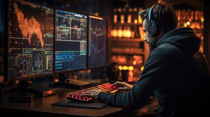 Crypto trader analyzing real-time price charts on multiple computer screens in a dimly lit, tech-filled room.