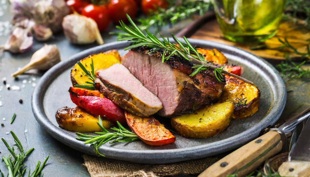 thinly sliced black pork neck with grilled winter vegetables and rosemary potatoes, Generated image
