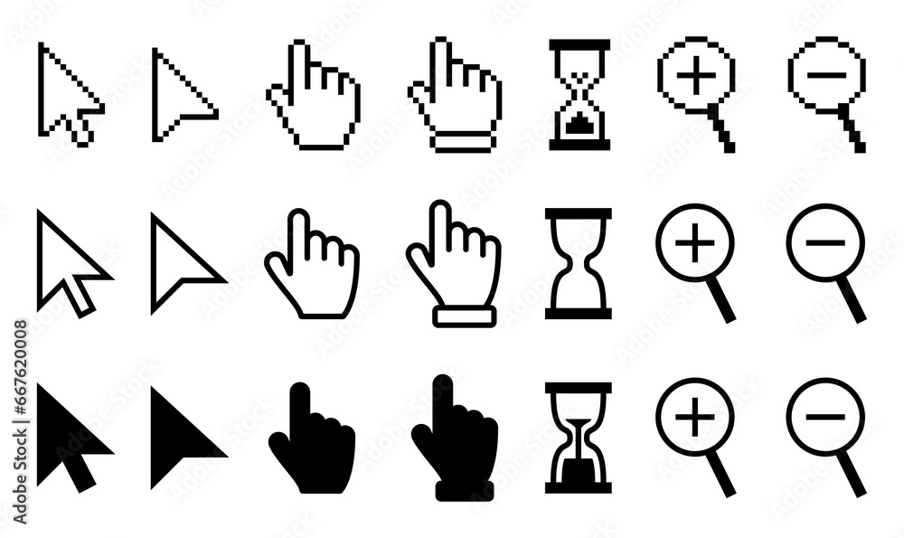 Fototapete Pixel and flat cursor or computer mouse pointer icons set. Different mouse cursors - arrows, hand click pointers, magnifier and hourglass. Pixel and flat style design. Vector illustration.