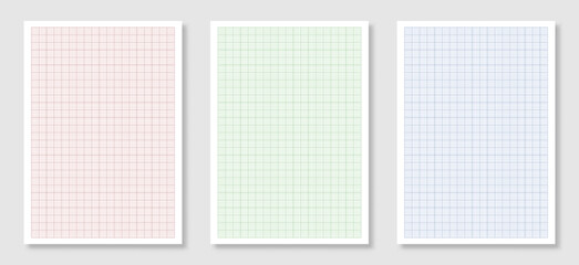 Empty A4 size sheets of graph paper with grid. Set of green, blue and red millimeter paper. Geometric checkered papers with scale for drawing, studying, technical drawing or engineering. Vector. - obrazy, fototapety, plakaty