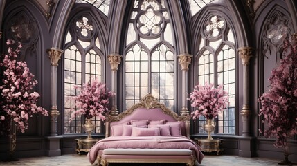 luxurious bedroom with gothic window - obrazy, fototapety, plakaty