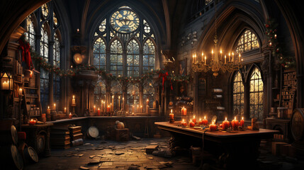 Christmas Decorations With Colorful Candles in Catholic Church with Big Windows On A Christmas Background