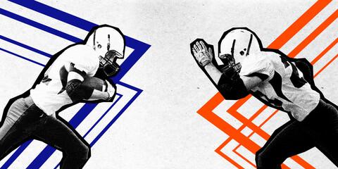 Opponents. American football players in motion, running with ball during game. Creative design....
