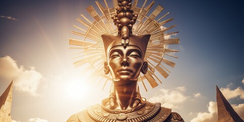 A majestic sculpture of Pharaoh Akhenaten under the sun disc of Aten