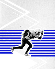 Man, American football player in motion, running with ball over abstract light background. Creative...