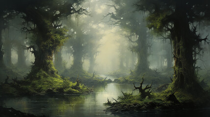landscape huge old oaks in the swamp oil paint delicate colors paintings on canvas. - obrazy, fototapety, plakaty