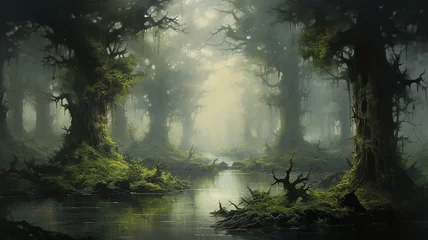 Foto op Plexiglas landscape huge old oaks in the swamp oil paint delicate colors paintings on canvas. © kichigin19