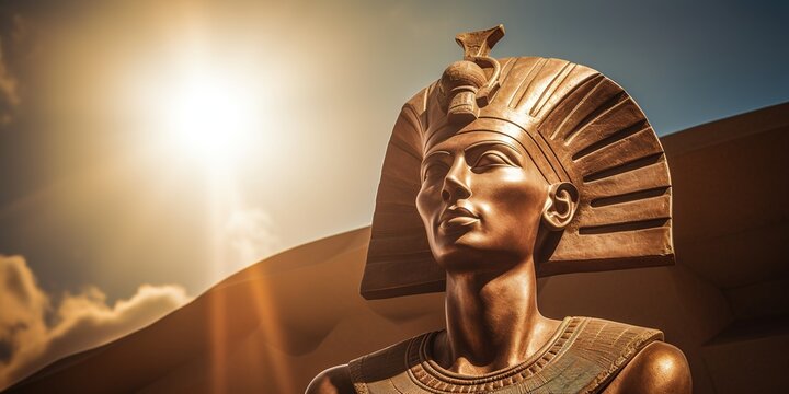 A majestic sculpture of Pharaoh Akhenaten under the sun disc of Aten