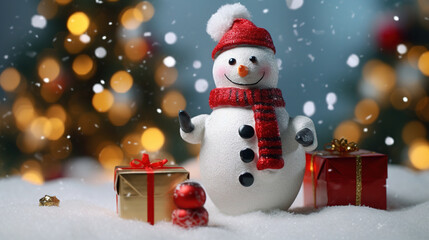Obraz premium Cute Snowman in His Red Outfit For Merry Christmas Greeting Background Focus on Foreground