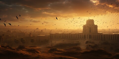 An ancient Egyptian city, once bustling with life, now overwhelmed by a dense cloud of locusts, obscuring the golden sun - obrazy, fototapety, plakaty