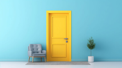 yellow door on a blue background abstract interior. - obrazy, fototapety, plakaty