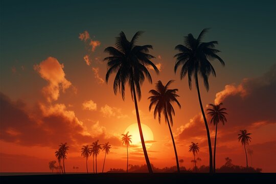 Palm tree silhouettes under an orange sky, the epitome of paradise
