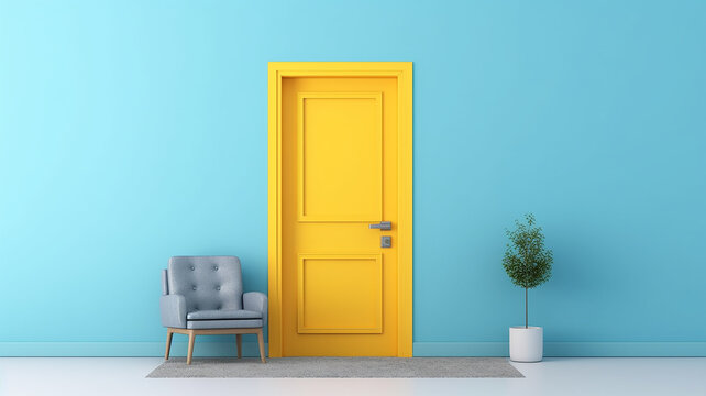 Yellow Door On A Blue Background Abstract Interior.