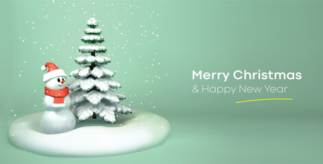 Snowman and Christmas tree in the snow 3d illustration. Merry Christmas with snowed fir tree banner