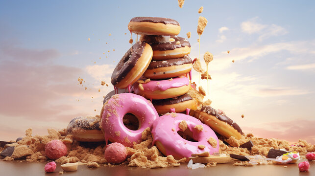 pile of Donuts thrown away. food waste. leftover donuts