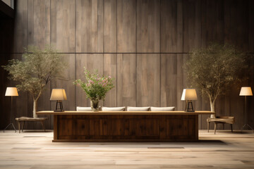 Interior of modern reception room with wooden wall and wooden floor. Concept of company office. - obrazy, fototapety, plakaty