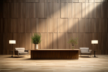 Interior of modern reception room with wooden wall and wooden floor. Concept of company office.