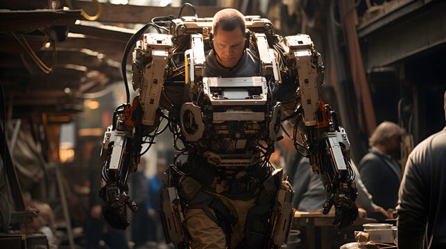 Worker Wearing Advanced Full Body Powered exoskeleton to lift heavy things. Generative AI