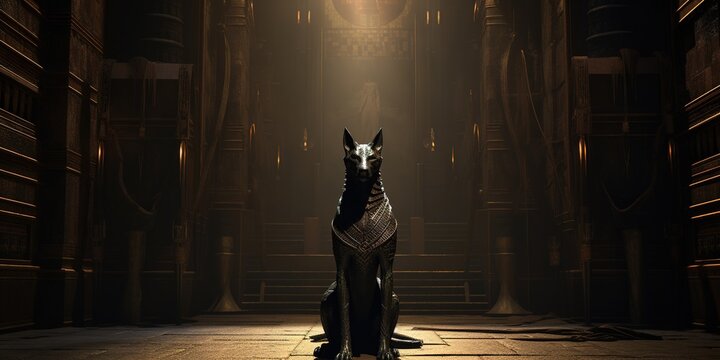 Anubis, the jackal-headed god, guarding a royal tomb entrance