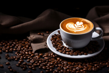 Cup of coffe with milk on a dark background. Hot latte or Cappuccino prepared with milk on a wooden table with copy space