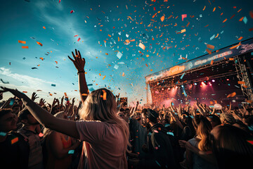 Fototapeta na wymiar crowd partying stage lights live concert summer music festival