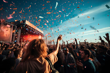 crowd partying stage lights live concert summer music festival