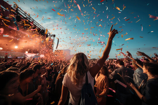 crowd partying stage lights live concert summer music festival