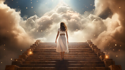 woman going to heaven on heaven stairs with clouds and sunlight. Generative AI - obrazy, fototapety, plakaty