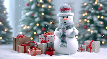 Fototapeta na wymiar Christmas Eve Holiday Cute Snowman Giving Gifts in Outdoor Background Selective Focus
